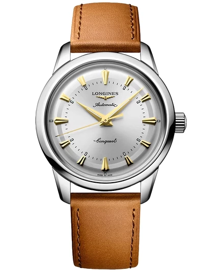 Longines Унисекс Швейцарские часы с автоматическим управлением Conquest Heritage на коричневом кожаном ремешке из нержавеющей стали диаметром 38 мм