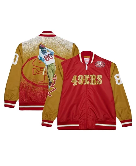 Мужская атласная куртка Mitchell & Ness Jerry Rice Scarlet San Francisco 49ers с изображением отставного игрока Mitchell & Ness, застегивающаяся на молнию