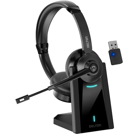 Компьютерная гарнитура Delton 35X с шумоподавлением и двумя наушниками, USB-ключом для автоматического сопряжения и зарядной док-станцией черного цвета