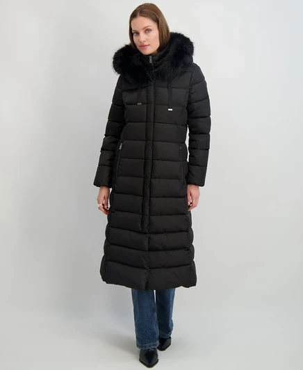 Женское пуховое пальто с капюшоном и отделкой из искусственного меха Tahari Womens Maxi Shine черный