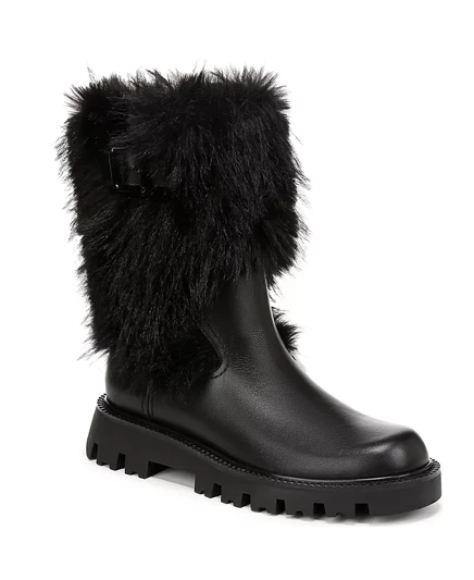  Женские сапоги на меху Брина на средней подошве с выступами black leather/faux fur