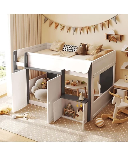 Кровать-лофт Streamdale Furniture с игровым домиком и местом для хранения вещей, современная деревянная кровать-домик для детей / подростков серого цвета