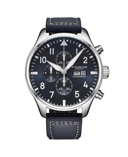 Stuhrling Navigator 4075 Мужские кварцевые часы с хронографом и коричневым кожаным ремешком, 43-миллиметровый зеленый циферблат с солнечным отсветом