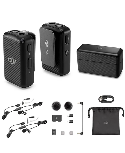 Компактная цифровая беспроводная микрофонная система / рекордер DJI Mic с двумя передатчиками для камеры и смартфона, 2,4 ГГц, с 2-кратным петличным микрофоном TASL500, черный