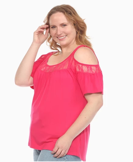 Трикотажный топ с открытыми плечами и кружевной отделкой White Mark Plus размера плюс fuchsia