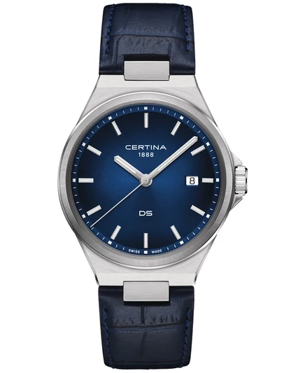 Мужские швейцарские часы Certina DS-7 Blue на кожаном ремешке 39 мм синего цвета
