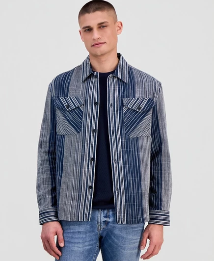 Мужская хлопковая верхняя рубашка GUESS из линейного жаккарда Atlas Linear с длинным рукавом синего цвета