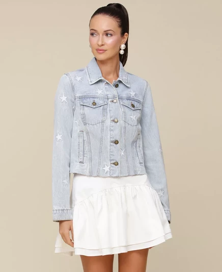  Женская хлопчатобумажная куртка дальнобойщика с вышитой звездой  light blue stone wash