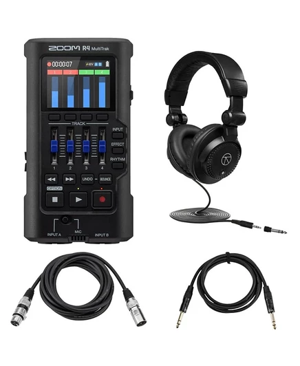 Комплект портативного видеорегистратора Zoom R4 MultiTrak 32-разрядный с плавающей головкой, студийным монитором, наушниками и кабелями черного цвета