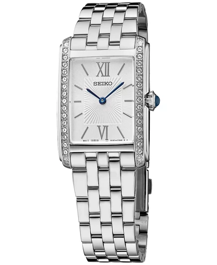 Женские часы Seiko прямоугольные 23×33 мм, стальной браслет, серебристые