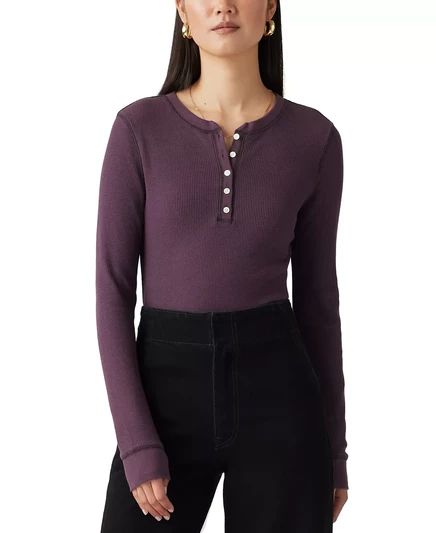  Женский топ Henley из вафельного трикотажа Jakob ® с длинным рукавом баклажанового цвета plum perfect