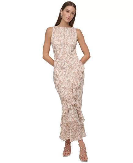  Женское шифоновое платье без рукавов с оборками и вырезом лодочкой DKNY ivory/blush