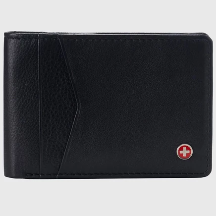 Альпийский швейцарский мужской кошелек Slimfold Wallet RFID Safe Bifold из натуральной кожи с окошком для идентификации черный