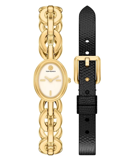 Женские кварцевые часы Tory Burch The Oval Small Gift Set с двумя стрелками из нержавеющей стали, 22-миллиметровое золото