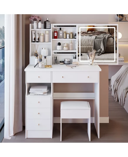 Туалетный столик Streamdale Furniture 37" Со светодиодным зеркалом, выдвижным ящиком и табуретом белого цвета
