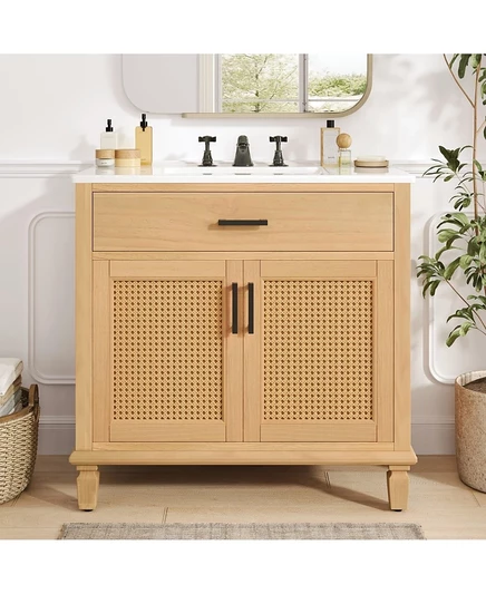 Туалетный столик Boyel Living 36" из ротанга с керамической раковиной, плавно закрывающимися дверцами и большим местом для хранения, Отдельно стоящий Дизайн из массива дерева, Натуральный