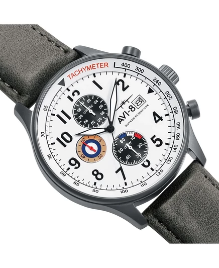 Мужские часы Hawker Hurricane Chronograph AVI-8 на сером ремешке из натуральной кожи 42 мм серого цвета