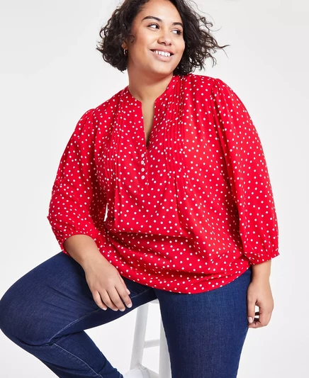 Топ с защипами на рукавах 3/4 и принтом в горошек от Tommy Hilfiger Plus Size scarlet/ivory