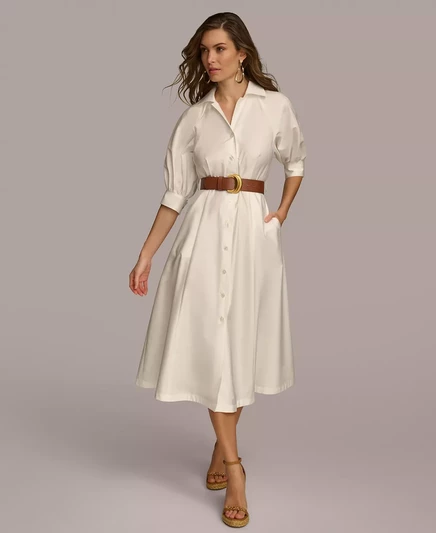Женское платье-рубашка из хлопка с поясом из искусственной кожи Donna Karan cream