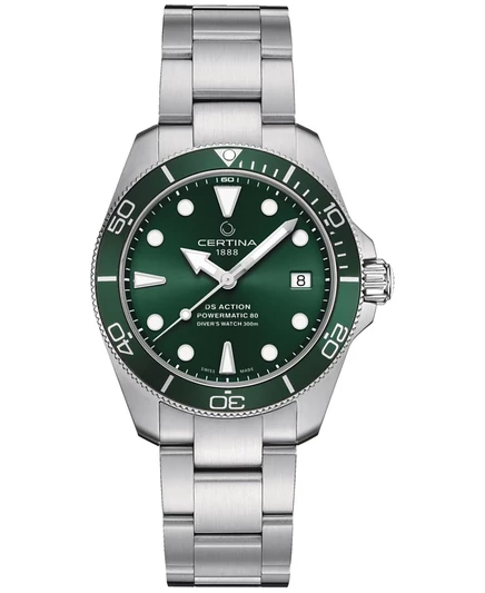 Женские швейцарские автоматические часы Certina DS Action Diver с браслетом из нержавеющей стали 38 мм зеленого цвета