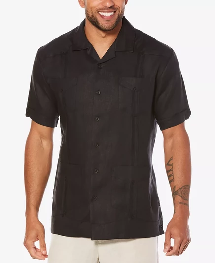 Мужская рубашка Guayabera из 100% льна с коротким рукавом и 4 карманами jet black