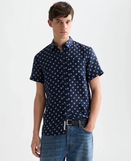 Мужская льняная рубашка с коротким рукавом с микро-принтом SCOTCH & SODA синего цвета