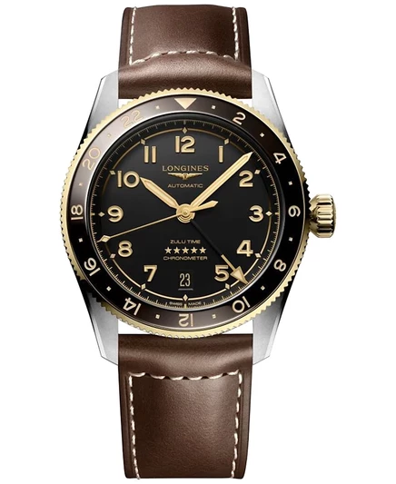 Мужские швейцарские часы Longines с автоматическим управлением Spirit Zulu Time на коричневом кожаном ремешке из серебра 39 мм и золота 18 карат