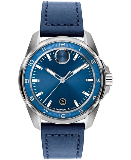 Мужские швейцарские кварцевые часы Movado Bold Verso S из темно-синей кожи, 42 мм, синие