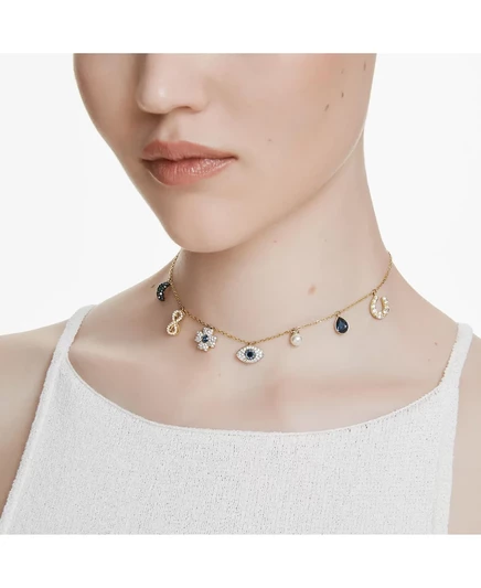 Колье Swarovski Symbolica, Луна, Бесконечность, Клевер, Сглаз и Подкова, Голубое, с позолоченным покрытием multicolored