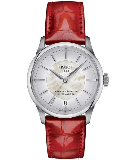 Женские швейцарские автоматические часы Tissot Chemin des Tourelles Powermatic 80 с красным кожаным ремешком 34 мм