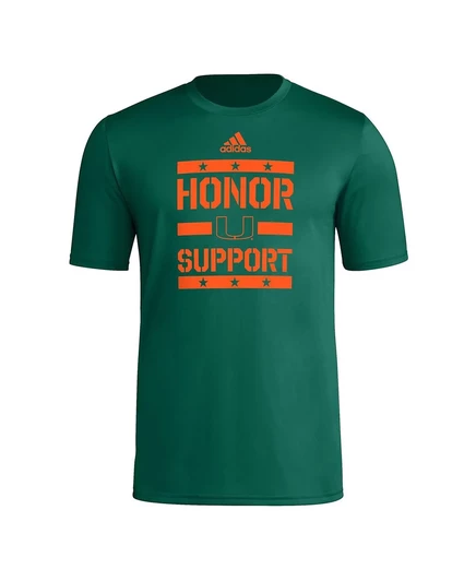 Мужская зеленая футболка Adidas Miami Hurricanes Honor Support для предматчевой подготовки green