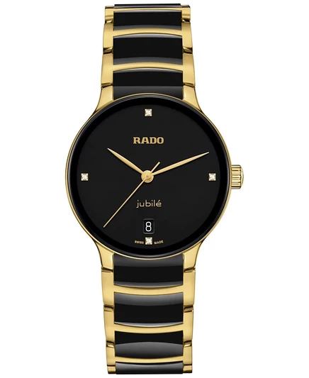 Женские швейцарские часы Rado Centrix с бриллиантовым акцентом, черные керамические и золотые PVD часы-браслет из нержавеющей стали, 35 мм, черный