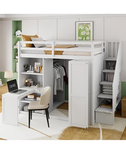Полноразмерная кровать-чердак Streamdale Furniture со шкафом, письменным столом и полками