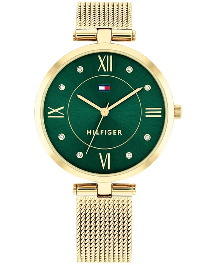 Женские кварцевые часы Tommy Hilfiger с золотистой сеткой из нержавеющей стали 34 мм зеленого цвета