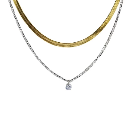 Колье Rebl Jewelry двухрядное с фианитом, золото/серебро