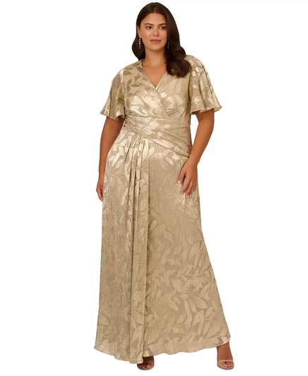  Драпированное платье с развевающимися рукавами в виде листьев фольги большого размера champagne gold
