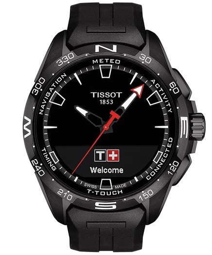 Мужские швейцарские смарт-часы Tissot T-Touch Connect Solar с черным каучуковым ремешком, 48 мм, черный