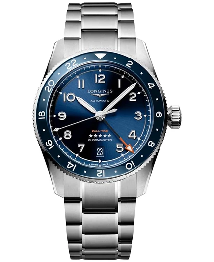 Мужские швейцарские автоматические часы Spirit Zulu Time Longines с браслетом из нержавеющей стали диаметром 39 мм с серебряным и синим керамическим безелем