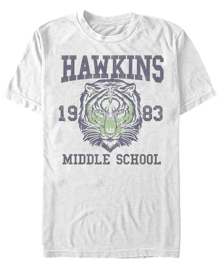Очень странные дела, мужская футболка с коротким рукавом Hawkins Middle School 1983 Tiger с коротким рукавом white