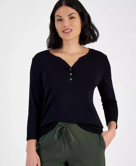  Миниатюрный хлопковый трикотажный топ Henley с рукавами 3/4, созданный для Macy's bright white