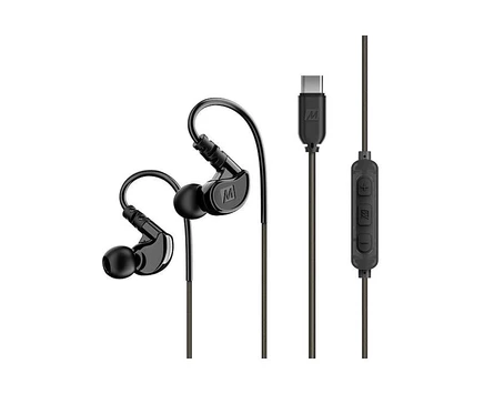 Спортивные наушники-вкладыши MEE audio M6 с проводом памяти и гарнитурой (разъем USB-C) черного цвета