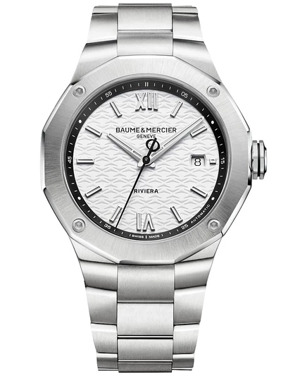 Мужские швейцарские автоматические часы Baume & Mercier Riviera с браслетом из нержавеющей стали 42 мм белого цвета