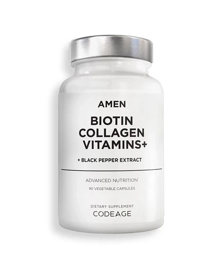 Витамины с коллагеном Amen Biotin+ 10 000 мкг биотиновой добавки - Гидролизованный коллаген, витамины С и Е, фолиевая кислота, гиалуроновая кислота, кератин, МСМ, 90 капсул белого цвета