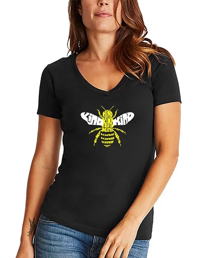 Женская футболка с V-образным вырезом LA Pop Art Bee Kind Word Art, черная