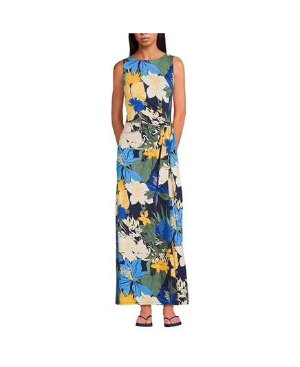  Женское макси-платье без рукавов из хлопка и модала с завязкой на талии navy multi floral bloom