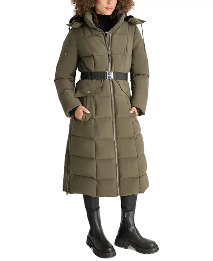  Женское пуховое пальто DKNY с поясом и капюшоном loden