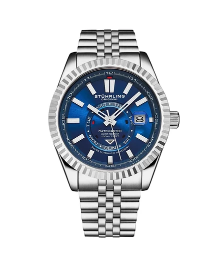 Мужские швейцарские часы Stuhrling Datemaster II с автоподзаводом из нержавеющей стали диаметром 42 мм, Синий циферблат, рифленый безель, День и дата, Водонепроницаемость 100 м