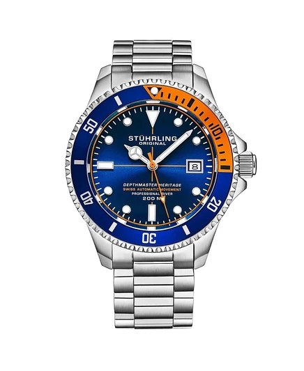 Мужские часы Stuhrling Depthmaster Heritage 42 мм автомат, черный/оранжевый