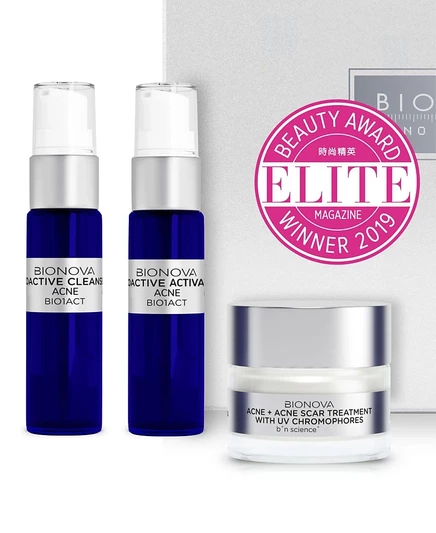 Коллекция Bionova Acne + Acne Scar Discovery с УФ-хромофорами белого цвета