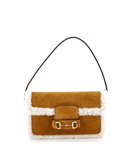Женская сумка Gucci Mini Horsebit, замша с мехом, коричневая